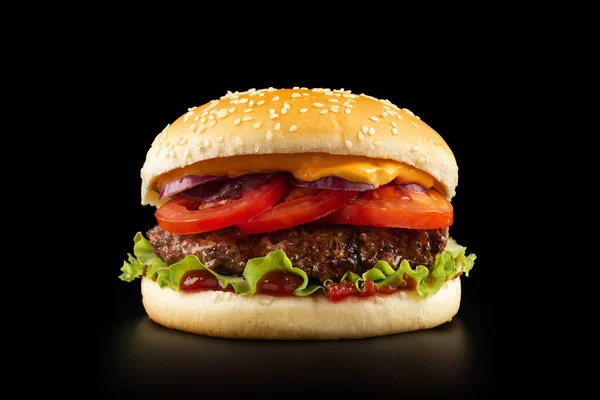 Fresh Juicy Burger Black Background — Stock Photo, Image