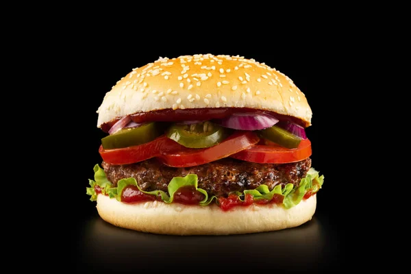 Fresh Juicy Burger Black Background — Stock Photo, Image