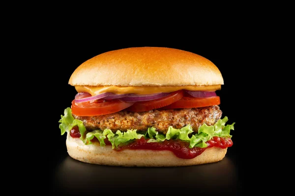 Fresh Juicy Burger Black Background — Stock Photo, Image