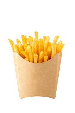 Kraft patates kızartması kutusunda patates kızartması. Beyaz kutuda izole edilmiş.