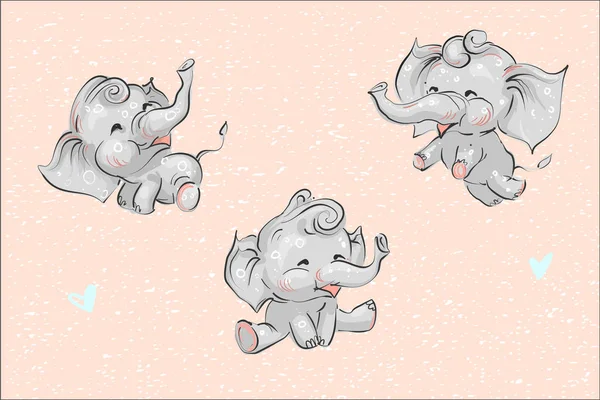 Sevimli çocukça çizgi bebek filler ayarla ve kalpler grunge arka plan vektör çizim için afiş kartları yazdırır — Stok Vektör