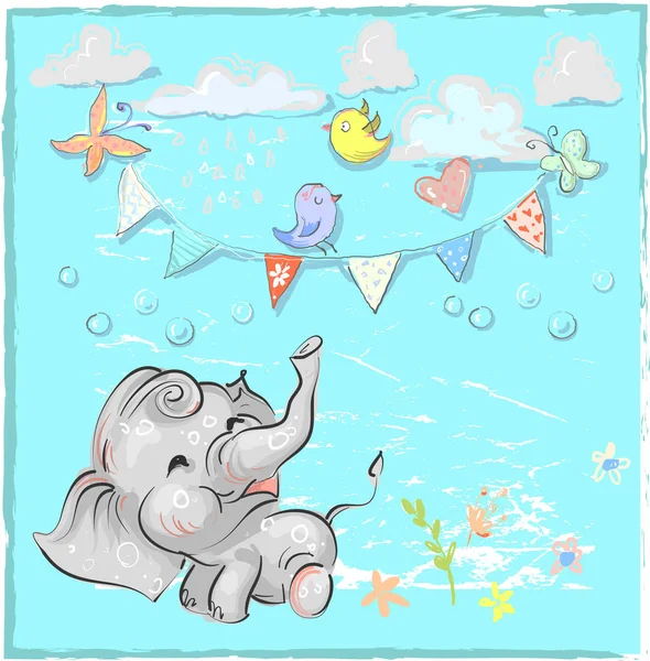 Cute elephant with balloon hand drawn vector illustration. Can be used for t-shirt print, kids wear fashion design, baby shower invitation card. — Stock Vector