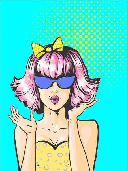 Ух ты, поп-арт. Сексуально удивленная женщина с розовыми волосами и открытым ртом в солнечных очках в руке с надписью вау в отражении. Векторный колористический фон в стиле ретро-комикса поп-арта . Стоковая Иллюстрация