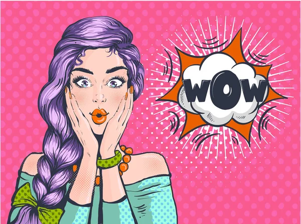 Wow Pop art surprised woman beautiful face with open mouth and bright violet hair on dotted background. Comic woman with speech bubble. Vector illustration. — Stock Vector