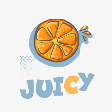 Çizgi film el çekilmiş dilim sıçraması ve word grunge arka plan ile sulu ile portakal suyu