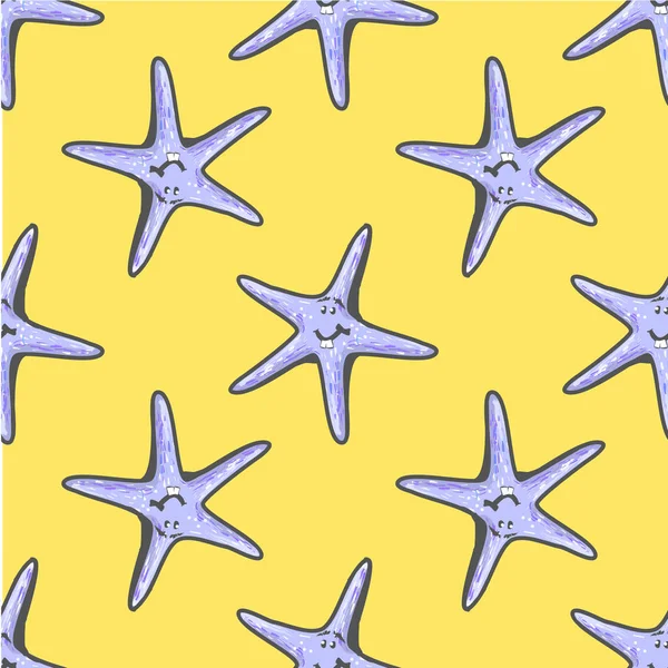 Estrellas de mar exóticas patrón inconsútil colorido. Textura interminable de verano azul para fondo textil o sitio web Ilustración vectorial — Vector de stock