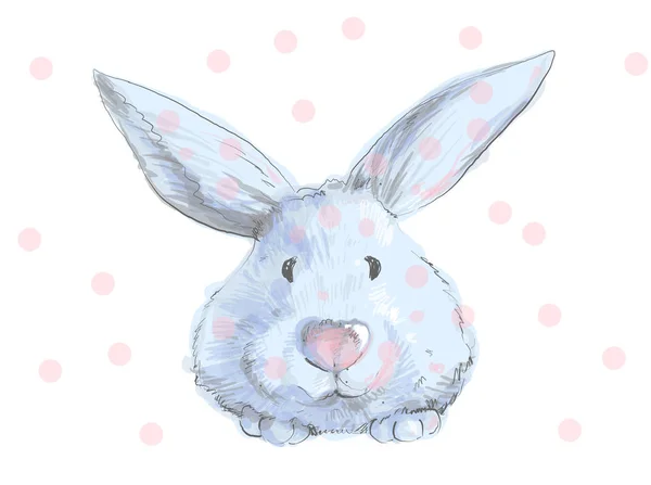 Mignon lapin bleu avec nez rose et points enfantin style enfant dessiné à la main dans l'illustration vectorielle — Image vectorielle