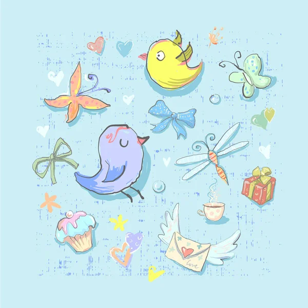 Colección conjunto de lindo cumpleaños fiesta temática aves y diferentes elementos mano dibujada directamente en vector — Vector de stock
