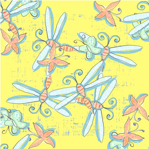 Niedliche nahtlose Muster mit Libellen Hand in Vektor auf gelbem Hintergrund gezeichnet — Stockvektor