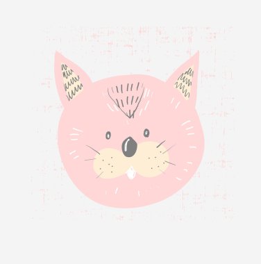 Yazı alıntı Meow ile bir şirin komik kedi yüz çizilmiş vektör çizim ver. İzole nesneleri. İskandinav tarzı düz tasarım. Çocuklar baskı için kavramı.