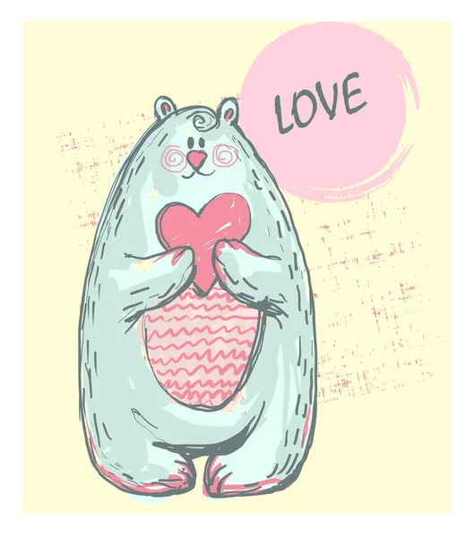 Веселий милий білий ведмідь зі словом "LOVE", рожеві щоки, що тримають серце для друку, листівки, запрошення, дизайн футболки, дитячий одяг — стоковий вектор