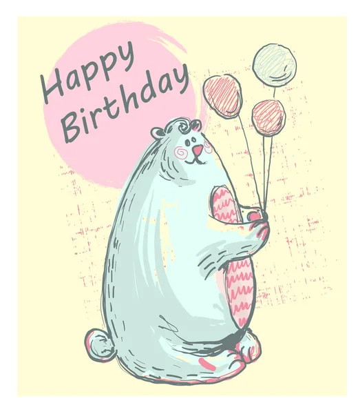 Funny cute polar bear with HAPPY BIRTHDAY, pink cheeks holding balloons for prints, cards, invitations, t-shirt design, kids apparel — Stock Vector