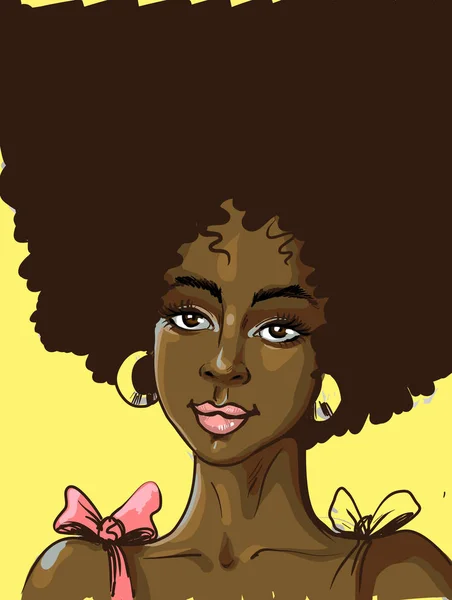 Black beautiful woman with big curly hair pink colored lips in earrings with slight smile vector illustration , can be used for creating poster with text on her hair — Stock Vector
