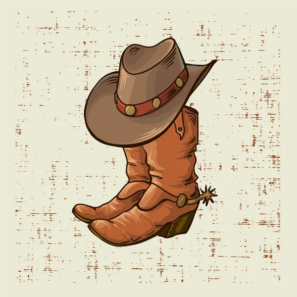 Botas vaqueras y sombrero.Ilustración gráfica vectorial sobre fondo grunge viejo — Vector de stock