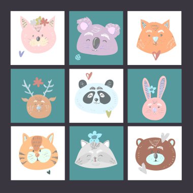 Kedi koala fox geyik ile 9 çocuklar kart dizisini ayı tavşan kaplan panda rakun bebek duş veya Doğum günü için. Vektör el çizilen illüstrasyon baskılar için mükemmel
