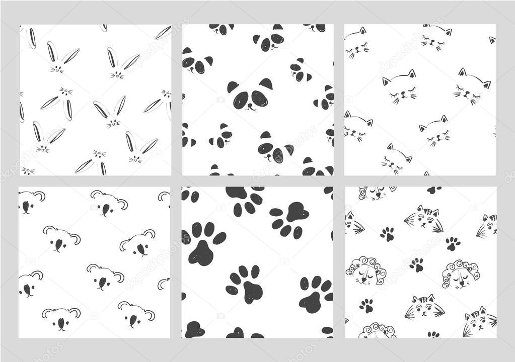Line art graphic black and white animals head seamless pattern collection on white, cute bunny fashion print, wrapping paper design