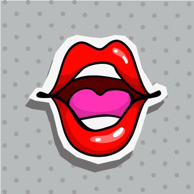 Nokta arka plan ile toungue dudaklar pop sanat tarzı etiket ile seksi çığlık ile moda yama rozeti