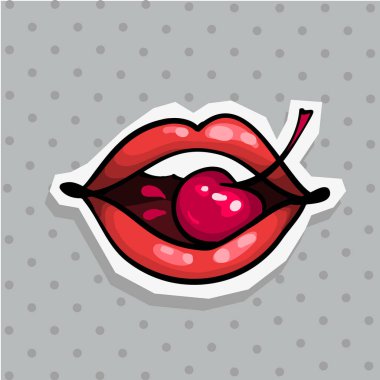 Seksi dudaklar kiraz pop sanat tarzı etiket nokta arka plan ile holding ile moda yama rozet