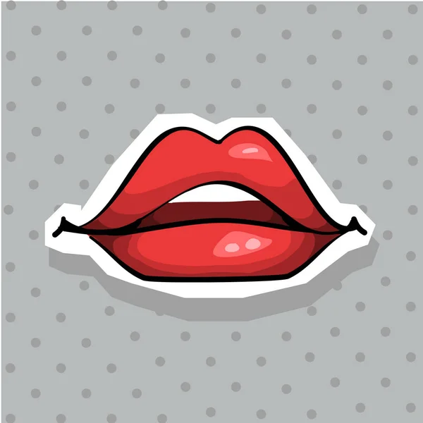 Distintivo patch di moda con sexy labbra adesivo stile pop art con sfondo puntino — Vettoriale Stock