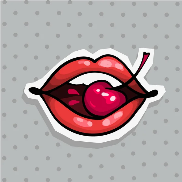 Insignia de parche de moda con labios sexy que sostiene la etiqueta engomada estilo arte pop cereza con fondo de punto — Vector de stock