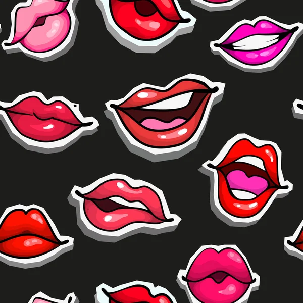 Femelle lèvres sexy motif sans couture impression de mode. Bouche avec tache, baiser, mordre, sourire, langue, dents sur fond noir — Image vectorielle