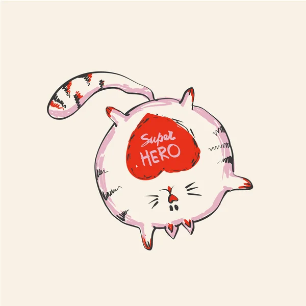 Gato redondo lindo divertido con la palabra SUPER HERO que permanece en una mano, impresión de la manera o diseño del vector web — Vector de stock