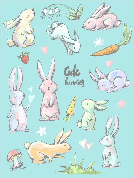 Big collection of cute cartoon style hares in different positions , bunnies with carrots, hearts, mushroom, grass, flowers, strawberry and lily of the valley — Stock Vector