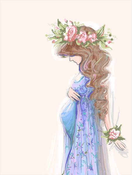 Красивая беременная брюнетка с длинными вьющимися волосами и цветочным венком на голове, нежная векторная иллюстрация
