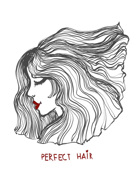 Menina bonita com cabelo ondulado grosso. Ícone de salão de beleza. Vetor ilustração linha arte —  Vetores de Stock