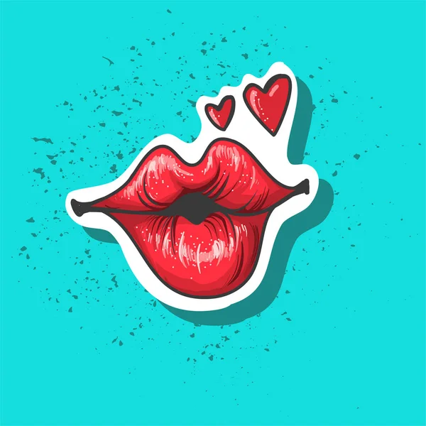 Lippen kussen. Vector flard, sticker geïsoleerd op blauw. Herstelde Cool sexy rode kuste. Cartoon strips teken voor afdrukken, Fashion, pop-art, retro stijl 80-s jaren 90 — Stockvector