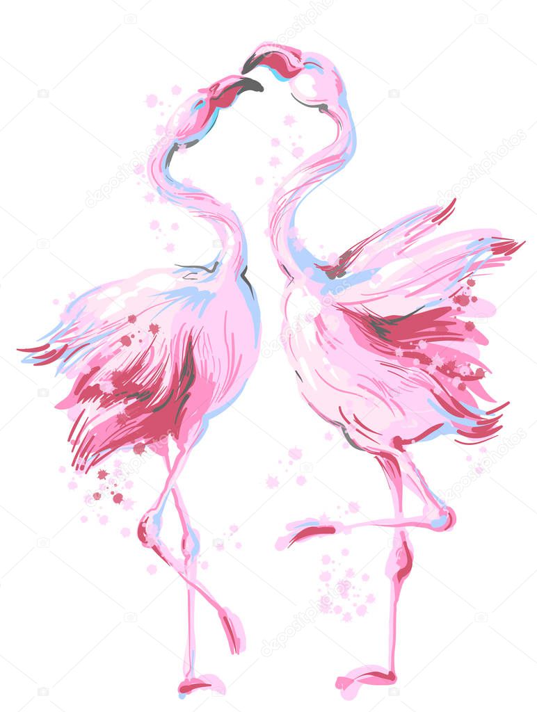 Two beautiful pink flamingos dancing in honeymoon, making love, vector hand drawn illustration isolated on white background