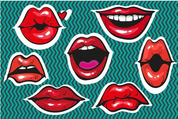 Arte pop sexy insignias de parche de moda o pegatinas de lujo para impresiones, pancartas, publicidad labios femeninos malhumorados — Vector de stock