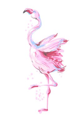 Güzel erkek pembe flamingo gülümseyerek dans parmak izi, pembe sıçrama ile beyaz arka plan üzerinde izole moda giyim, afiş, bilboards