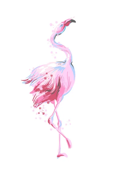 Beautiful female dancing pink flamingo smiling isolated on white background with pink splash for prints, fashion apparel, banners, bilboards — стоковый вектор