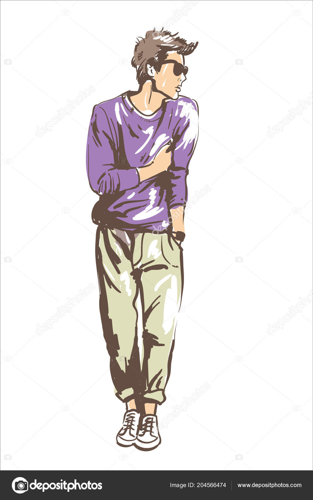 Fashion man vector illustration. Fashion man in sun glasses modern hair  style and violet sweater. Fashion model guy sketch Stock Vector Image by  ©Linakadrova #204566474
