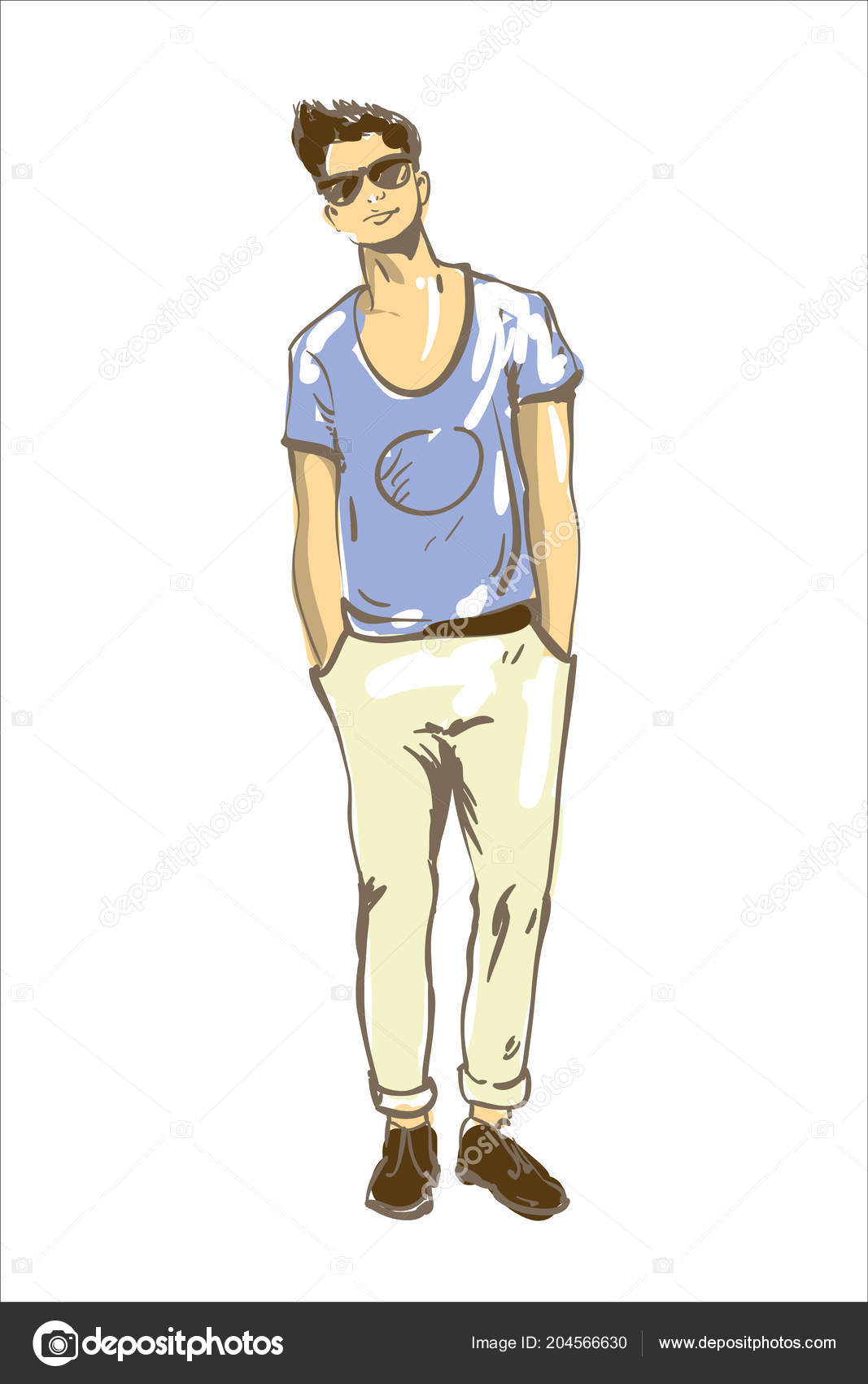 Fashion man vector illustration. Fashion man in sun glasses modern hair  style and blue t-shirt. Fashion model guy sketch Stock Vector Image by  ©Linakadrova #204566630
