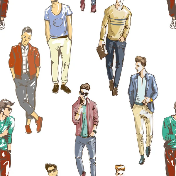 Patrón sin costura vectorial de los hombres de moda dibujados a mano en estilo casual moderno. Fondo para uso en diseño, sitio web, embalaje, textil, tela — Vector de stock