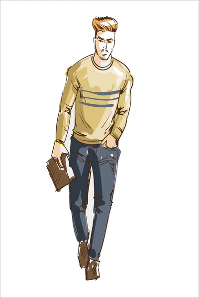 Mode man vectorillustratie. Mode man met moderne kapsel en casual trui en lether handtas. Fashion model jongen schets — Stockvector