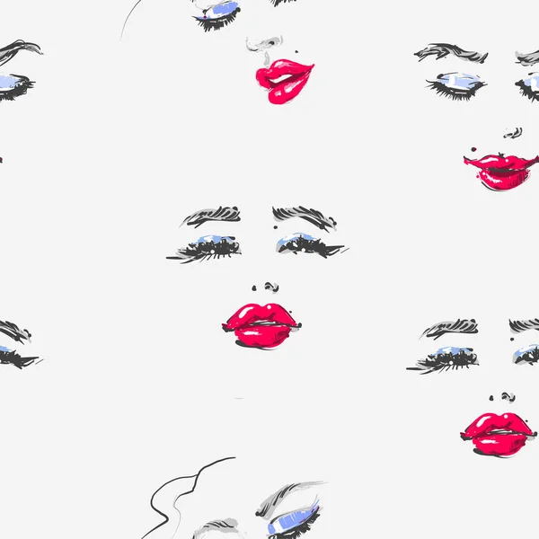 Cara de mujer dibujada a mano con lápiz labial rojo en diferentes patrones de ilustración de moda para estampados y fondos — Vector de stock