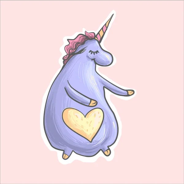 La magia púrpura lindo unicornio gordo divertido con el corazón bailando. Alikorn. Pegaso. Carácter infantil. Insignia de parche de moda — Vector de stock