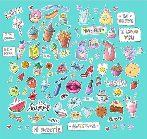 Fashion patch badges with lips, hearts, speech bubbles, stars and unicorns. Set of stickers, pins, patches in cartoon 80s-90s comic style. — Stock Photo, Image