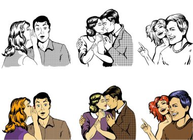 Üç çift birlikte fısıldayan, sarılma ve işaret. Pop art retro çizgi roman tarzı vektör çizimde siyah ve beyaz noktalı resim ve renkli çeşitleri