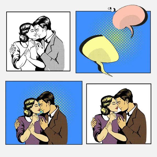 Пара діалогів кохання. Чоловік і жінка обіймаються. Спілкування, емоції, сімейна психологія. Ретро поп-арт ілюстрація коміксів у чорно-білому та кольоровому варіанті — стоковий вектор
