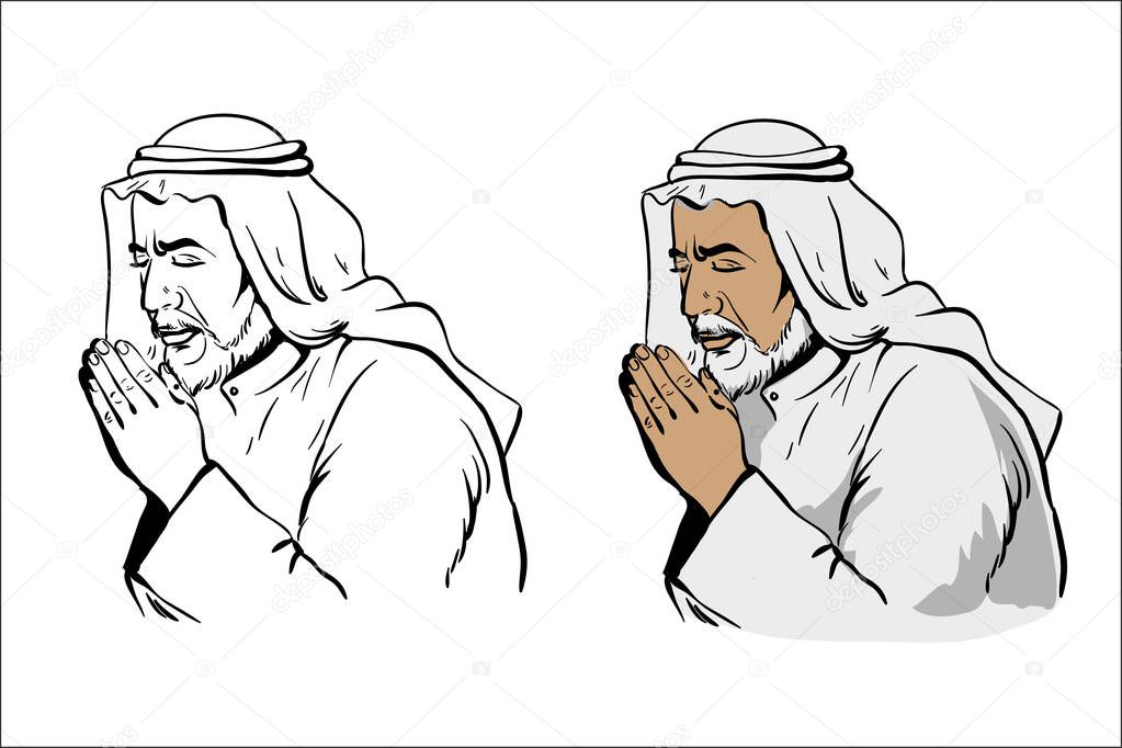 Muslim old wise man praying hand drawn vector illustration in black and white variation and colored isolated on white background