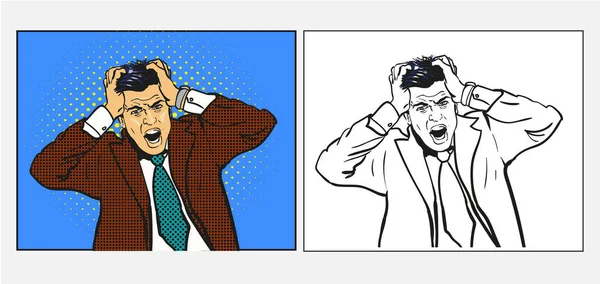 Uomo d'affari in panico urla, arte pop retrò stile fumetto disegnato a mano vettoriale illustrazione, set di due versioni. linea bianco e nero e variazione colorata — Vettoriale Stock