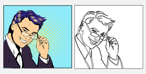 Hombre de negocios o profesor guapo en gafas sonriente, pop art estilo retro cómic ilustración dibujada a mano en línea en blanco y negro y versiones de colores — Vector de stock