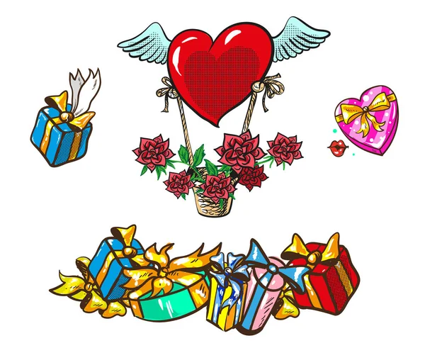 Set boxes with gifts and basket with winged heart and roses, pop art retro vector illustration. Holiday, birthday, Valentine day and Christmas — Stock Vector