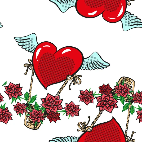Vector Valentine 's day, Birthday or wedding seamless pattern with hearts and wings, basket with roses. Бесконечный дизайн на белом фоне — стоковый вектор
