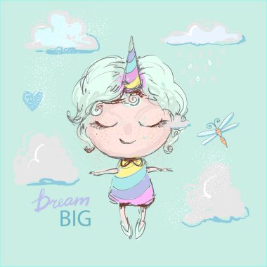 Bulutlar yusufçuk, hayalim büyük konsepti ile uçan gökkuşağı elbise sevimli tek boynuzlu at kız çizgi film.