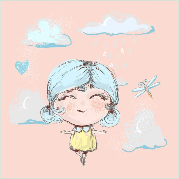 Linda chica feliz volando bajo la lluvia en las nubes y sonriendo — Archivo Imágenes Vectoriales